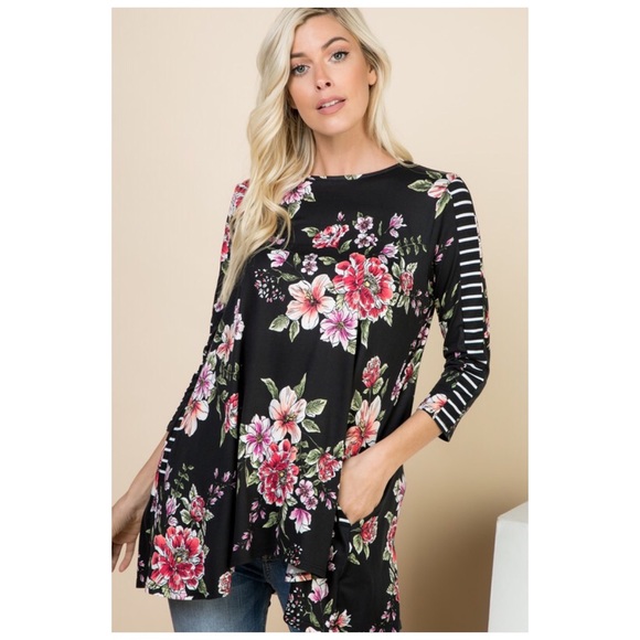 Black Floral 3/4 Sleeve Plus Soft Pocket Tunic! - Picture 10 of 16
